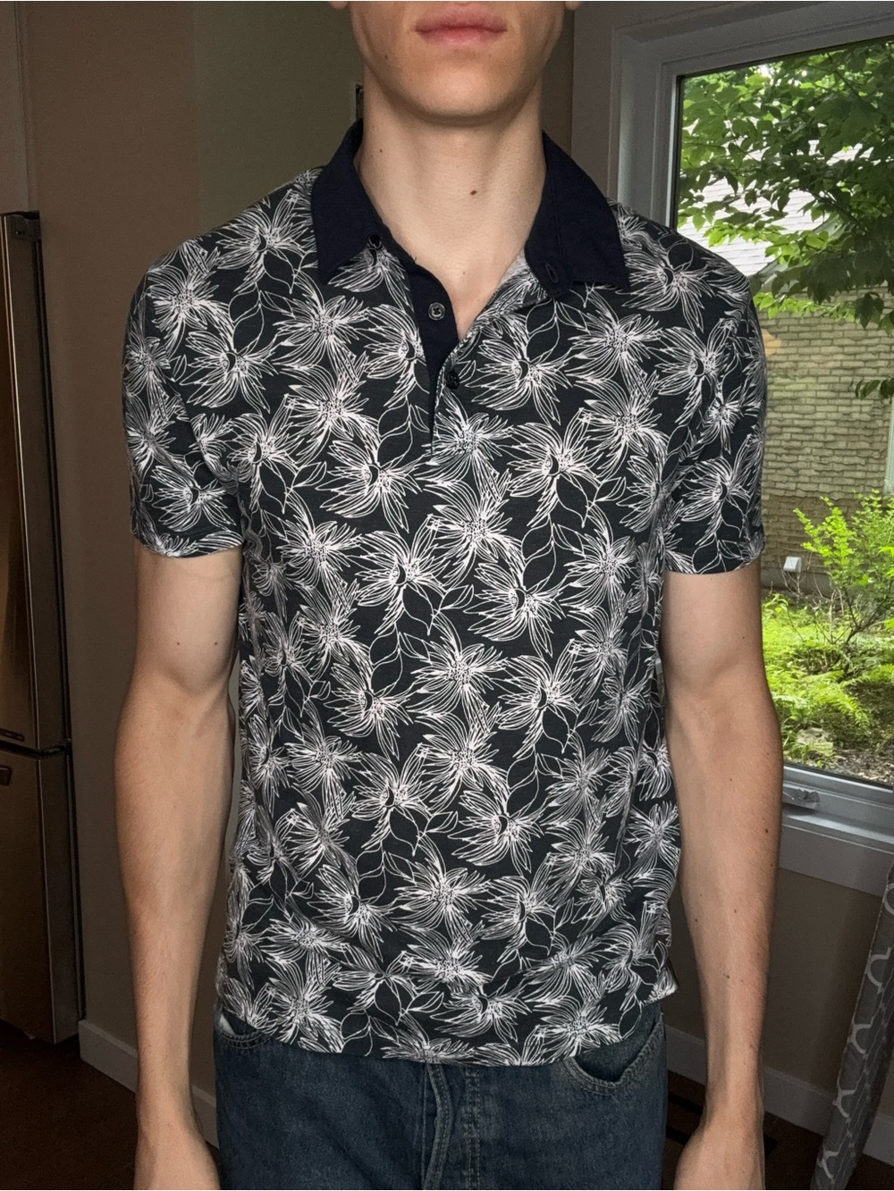 Perry Ellis Black Polo with White Floral Print and Navy Collar